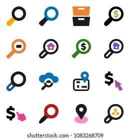 solid vector ixon set - archive vector, magnifier, money search, dollar cursor, navigator, map pin, cargo, cloud glass, estate, client