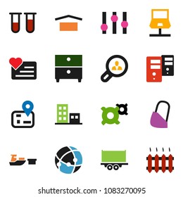 solid vector ixon set - archive vector, any currency, heart monitor, navigator, truck trailer, port, dry cargo, settings, vial, bandage, connection, notebook network, server, apartments, heating