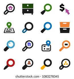 solid vector ixon set - archive vector, magnifier, dollar cursor, navigator, cargo search, estate, client