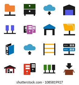 solid vector ixon set - archive vector, binder, warehouse, shelving, server, network folder, cloud upload, download, barn, package