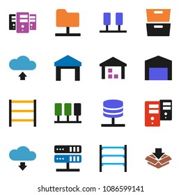 solid vector ixon set - archive vector, warehouse, shelving, server, network folder, cloud upload, download, barn, package