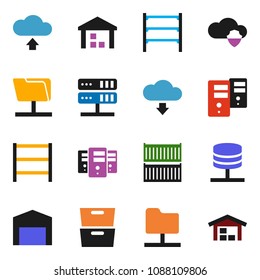 solid vector ixon set - archive vector, sea container, warehouse, shelving, network folder, server, cloud shield, upload, download, barn