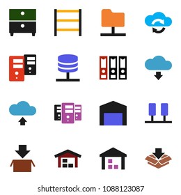 solid vector ixon set - archive vector, binder, warehouse, shelving, server, network folder, cloud exchange, upload, download, barn, package
