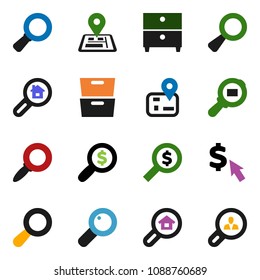 solid vector ixon set - archive vector, magnifier, money search, dollar cursor, navigator, cargo, estate, client