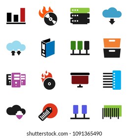 solid vector ixon set - archive vector, graph, binder, presentation board, barcode, music hit, server, cloud shield, exchange, big data, hub, download