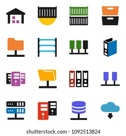 solid vector ixon set - archive vector, binder, sea container, warehouse, shelving, server, network folder, cloud download