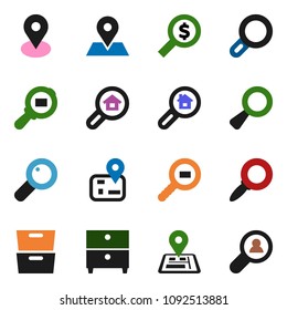 solid vector ixon set - archive vector, magnifier, money search, navigator, map pin, cargo, estate, client