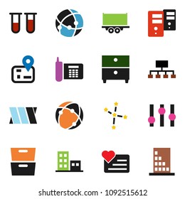 solid vector ixon set - archive vector, constellation, hierarchy, heart monitor, navigator, phone, truck trailer, settings, vial, bandage, connection, server, apartments, building