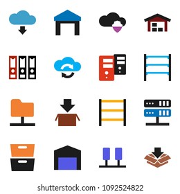solid vector ixon set - archive vector, binder, warehouse, shelving, server, network folder, cloud shield, exchange, download, barn, package