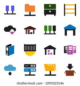 solid vector ixon set - archive vector, binder, sea container, warehouse, shelving, server, network folder, cloud shield, upload, barn, package