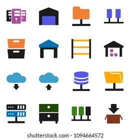 solid vector ixon set - archive vector, warehouse, shelving, server, network folder, cloud upload, download, barn, package