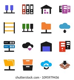 solid vector ixon set - archive vector, binder, warehouse, shelving, server, network folder, cloud shield, exchange, upload, barn, package