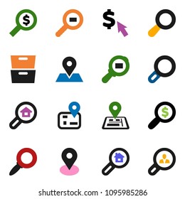 solid vector ixon set - archive vector, magnifier, money search, dollar cursor, navigator, map pin, cargo, estate, client