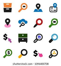 solid vector ixon set - archive vector, magnifier, money search, dollar cursor, navigator, map pin, cargo, cloud glass, estate, client