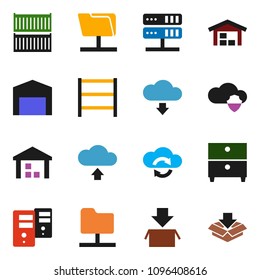 solid vector ixon set - archive vector, sea container, warehouse, shelving, network folder, server, cloud shield, exchange, upload, download, barn, package