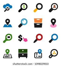 solid vector ixon set - archive vector, magnifier, money search, dollar cursor, navigator, map pin, cargo, cloud glass, client