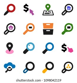 solid vector ixon set - archive vector, magnifier, dollar cursor, navigator, map pin, cargo search, cloud glass, estate, client