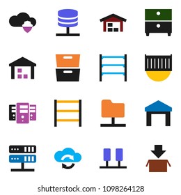 solid vector ixon set - archive vector, sea container, warehouse, shelving, server, network folder, cloud shield, exchange, barn, package