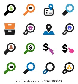 solid vector ixon set - archive vector, magnifier, money search, dollar cursor, navigator, map pin, cargo, estate, client