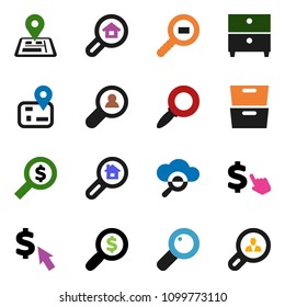 solid vector ixon set - archive vector, magnifier, money search, dollar cursor, navigator, cargo, cloud glass, estate, client