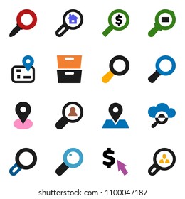 solid vector ixon set - archive vector, magnifier, money search, dollar cursor, navigator, map pin, cargo, cloud glass, estate, client