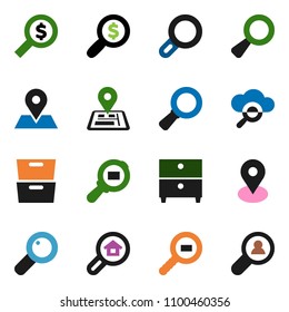 solid vector ixon set - archive vector, magnifier, money search, navigator, map pin, cargo, cloud glass, estate, client