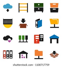 solid vector ixon set - archive vector, binder, sea container, warehouse, shelving, server, network folder, cloud shield, download, package