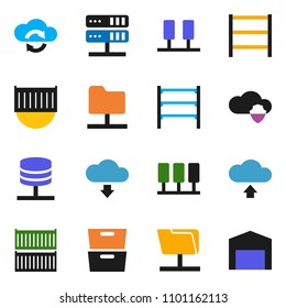 solid vector ixon set - archive vector, sea container, shelving, server, network folder, cloud shield, exchange, upload, download, barn