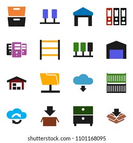 solid vector ixon set - archive vector, binder, sea container, warehouse, shelving, server, network folder, cloud exchange, download, barn, package