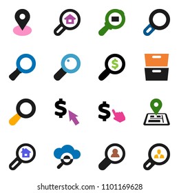 solid vector ixon set - archive vector, magnifier, money search, dollar cursor, navigator, map pin, cargo, cloud glass, estate, client