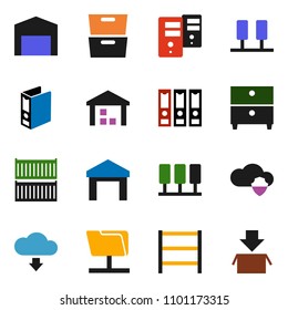 solid vector ixon set - archive vector, binder, sea container, warehouse, shelving, server, network folder, cloud shield, download, barn, package