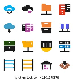 solid vector ixon set - archive vector, sea container, warehouse, shelving, server, network folder, cloud shield, exchange, download, package