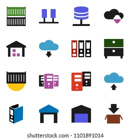 solid vector ixon set - archive vector, binder, sea container, warehouse, server, network, cloud shield, upload, download, barn, package