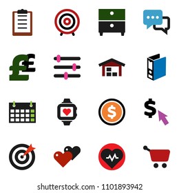 solid vector ixon set - archive vector, dollar coin, target, binder, cursor, pound, heart pulse, monitor, calendar, clipboard, dialog, equalizer, barn, cart