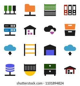 solid vector ixon set - archive vector, binder, sea container, warehouse, shelving, server, network folder, cloud shield, upload, download, barn