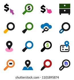 solid vector ixon set - archive vector, magnifier, money search, dollar cursor, navigator, map pin, cargo, cloud glass, estate