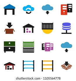 solid vector ixon set - archive vector, sea container, warehouse, shelving, network server, cloud exchange, upload, download, barn, package