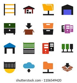 solid vector ixon set - archive vector, sea container, warehouse, shelving, server, network folder, cloud download, barn, package