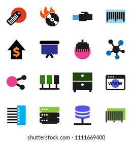 solid vector ixon set - archive vector, dollar growth, presentation board, barcode, music hit, social media, server, network, big data, browser, hub, lan connector