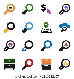 solid vector ixon set - archive vector, magnifier, dollar cursor, navigator, cargo search, cloud glass, estate, client