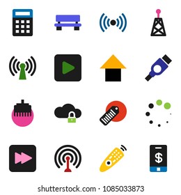 solid vector ixon set - arrow up vector, barcode, antenna, remote control, play button, forward, hdmi, cloud lock, lan connector, bench, loading, wireless, calculator, tap pay