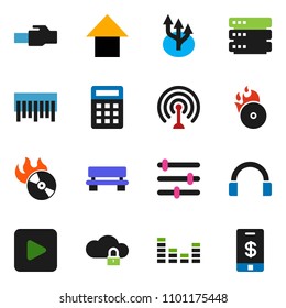 solid vector ixon set - arrow up vector, barcode, music hit, antenna, equalizer, headphones, play button, cloud lock, big data, lan connector, bench, route, calculator, tap pay