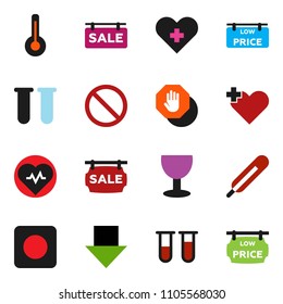 solid vector ixon set - arrow down vector, heart pulse, prohibition sign, glass, rec button, cross, thermometer, vial, stop, sale signboard, low price