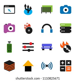 solid vector ixon set - arrow up vector, music hit, camera, remote control, headphones, big data, browser, equalizer, bench, route, wireless, barcode, calculator