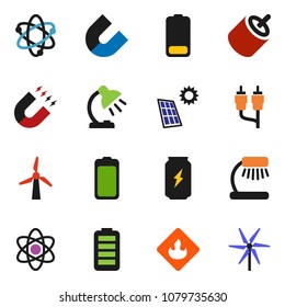 solid vector ixon set - atom vector, table lamp, magnet, enegry drink, flammable, battery, rca, solar panel, windmill