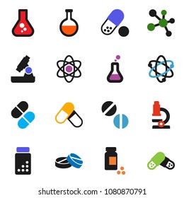 solid vector ixon set - atom vector, microscope, flask, pills vial, molecule