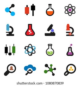 solid vector ixon set - atom vector, microscope, flask, japanese candle, molecule, cloud glass, client search