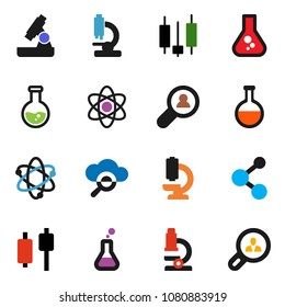 solid vector ixon set - atom vector, microscope, flask, japanese candle, molecule, cloud glass, client search