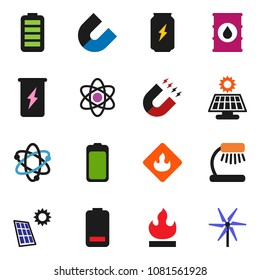 solid vector ixon set - atom vector, table lamp, magnet, enegry drink, flammable, oil barrel, battery, solar panel, windmill