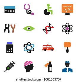 solid vector ixon set - atom vector, pills vial, disabled, eye, dna, syringe, stethoscope, chromosomes, hospital building, amkbulance car, diagnostic monitor, potion, tooth implant, head bandage